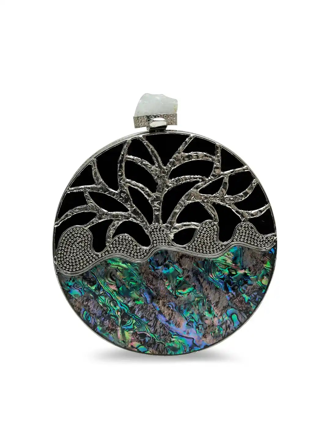 Round pendant with black tree design and colorful stone background on a white background