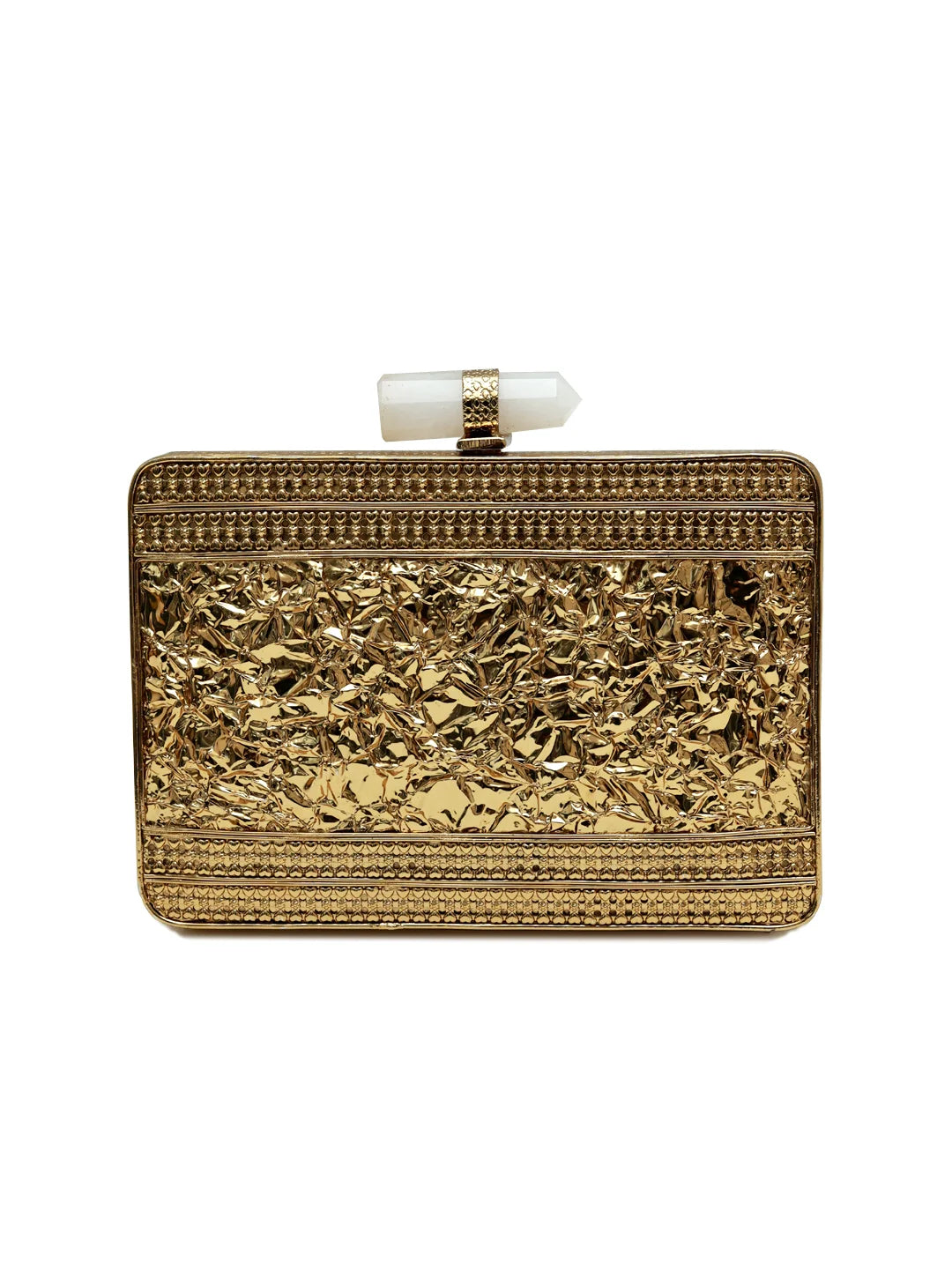 Gold clutch bag with intricate design on a white background