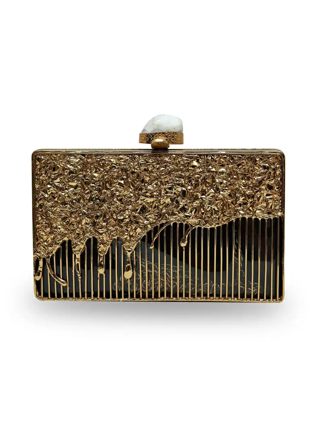 Gold clutch with decorative design on a white background