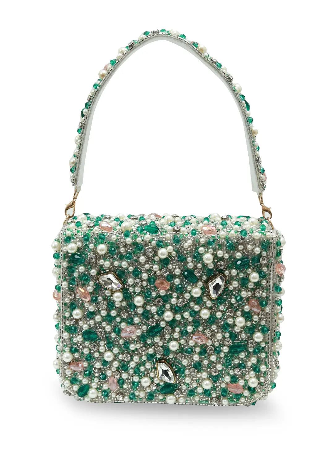Elegant handbag adorned with pearls and gemstones on a white background