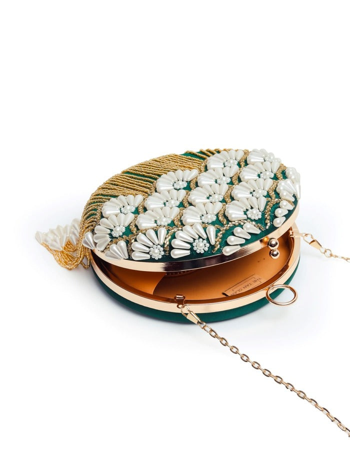 Irsa Round Hand Embroidered Clutch with Tassles