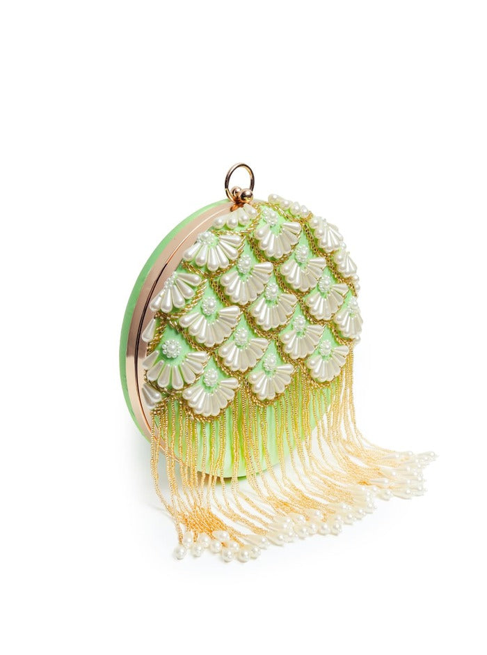 Irsa Round Hand Embroidered Clutch with Tassles