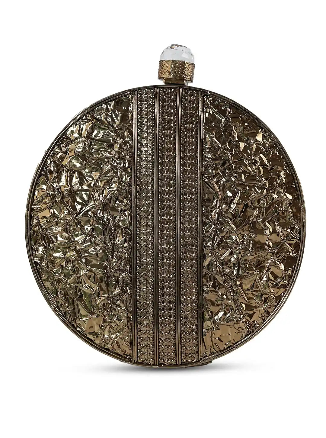 Decorative round clutch with intricate patterns on a white background