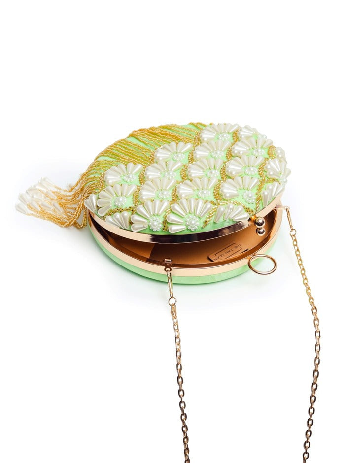 Irsa Round Hand Embroidered Clutch with Tassles