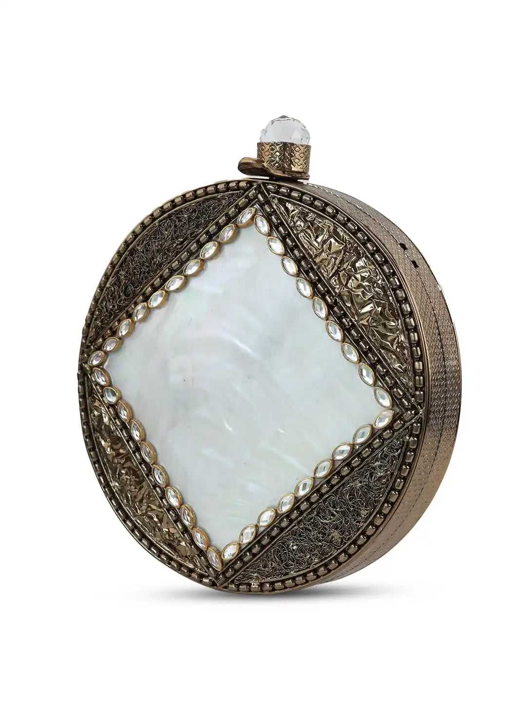 Decorative flask with decorative metalwork and a central stone on a white background