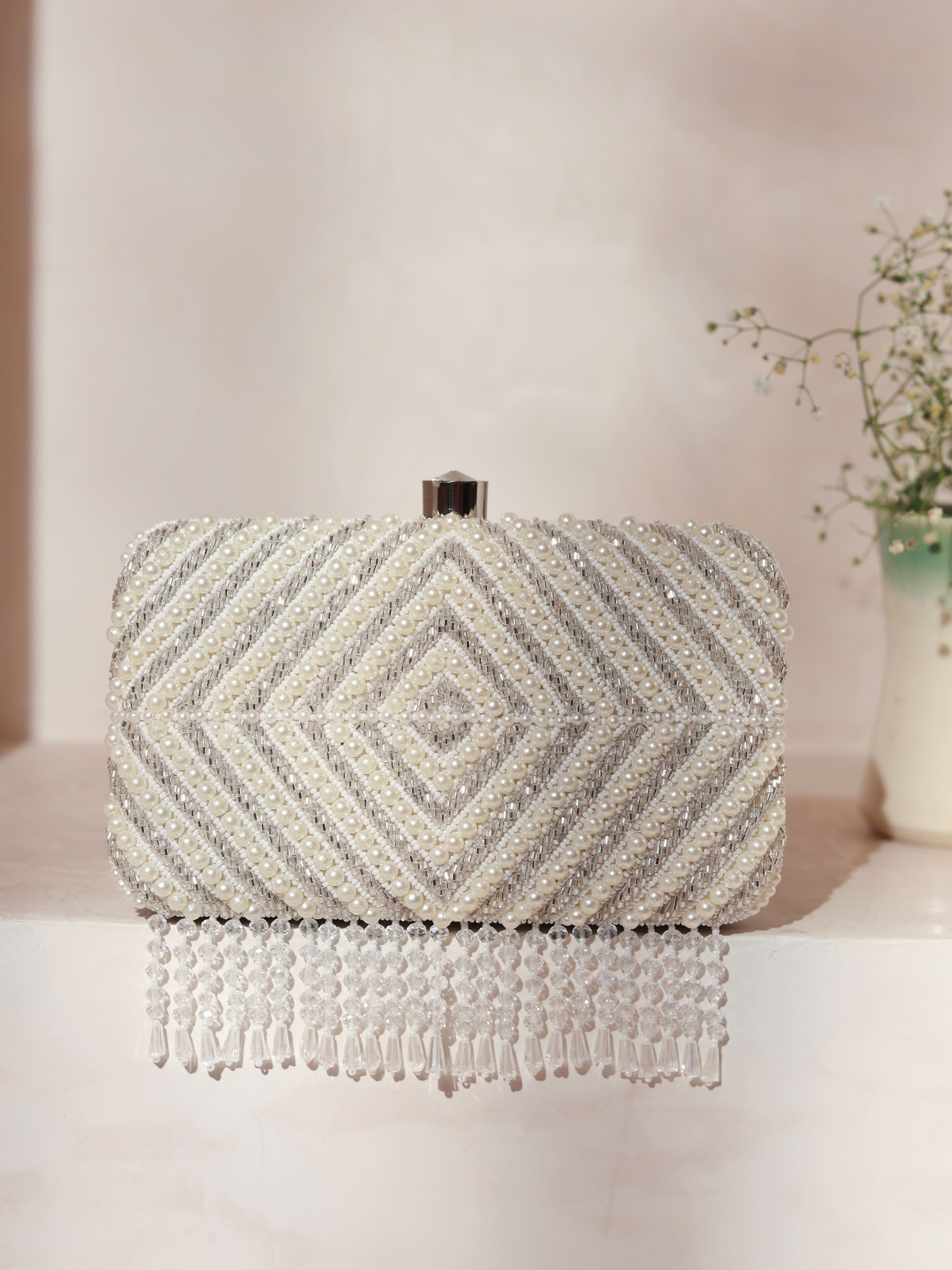 Pearly Silver Hand Embroidered Clutch