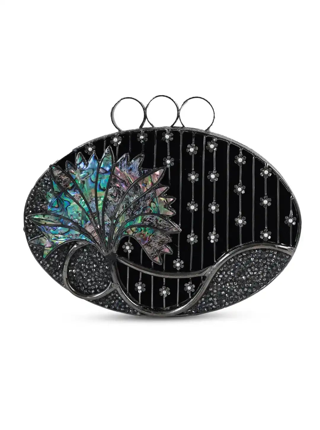 Black clutch with floral design and beaded details on a white background