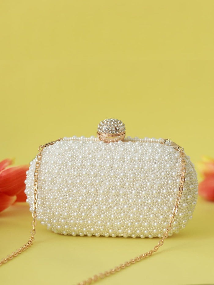 Asad All White Pearl Hand Embroidered Clutch