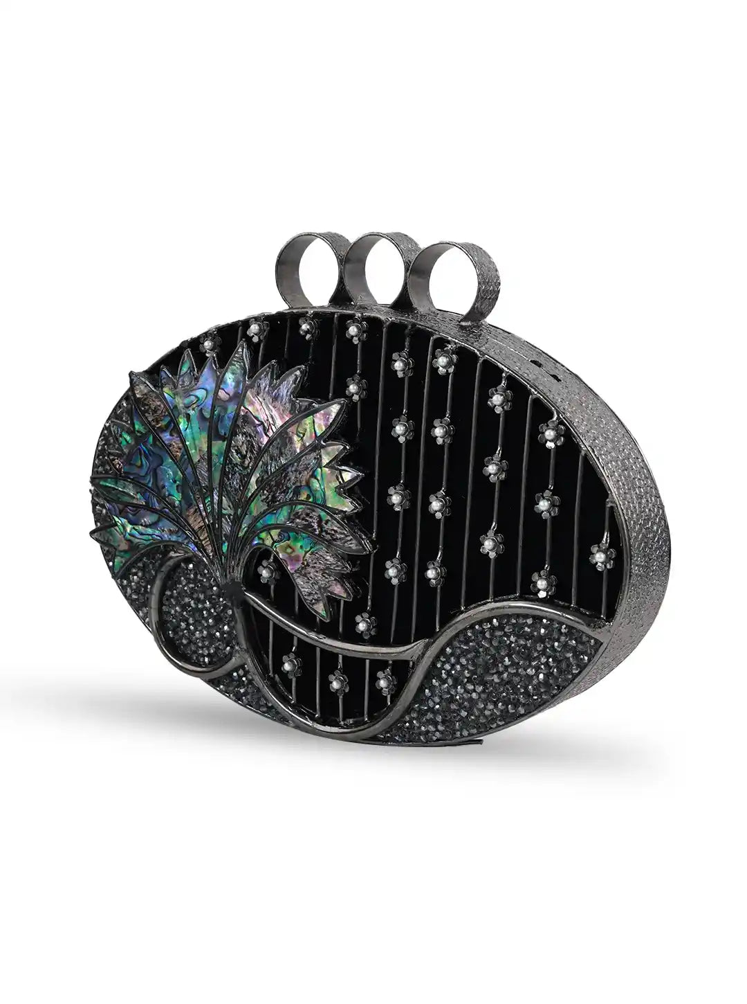 Black clutch with decorative elements on a white background