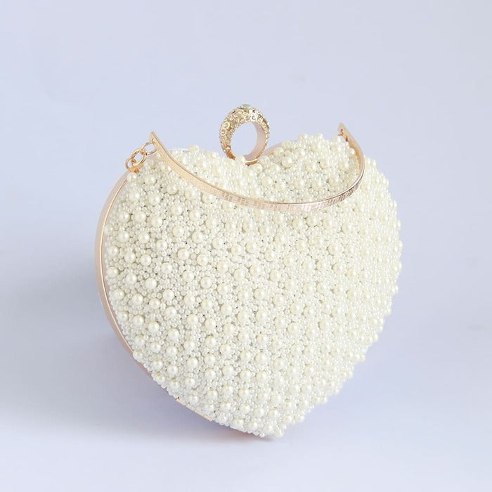 Ulfat All White Pearl Hand Embroidered Heart Clutch