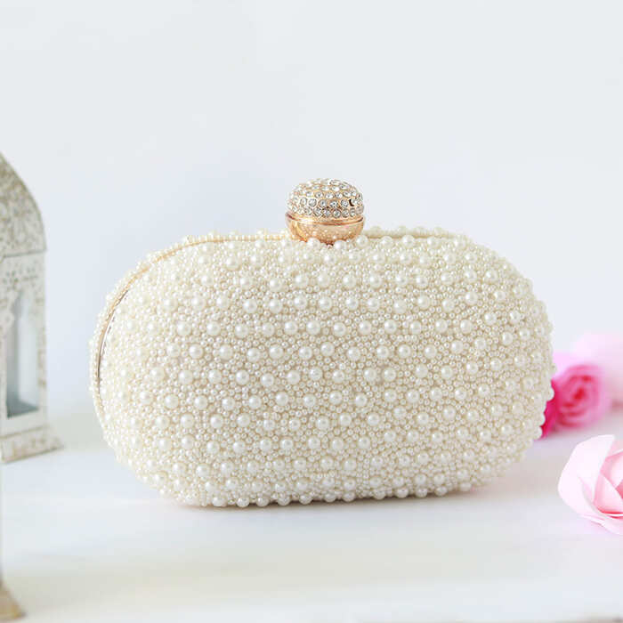 Asad All White Pearl Hand Embroidered Clutch