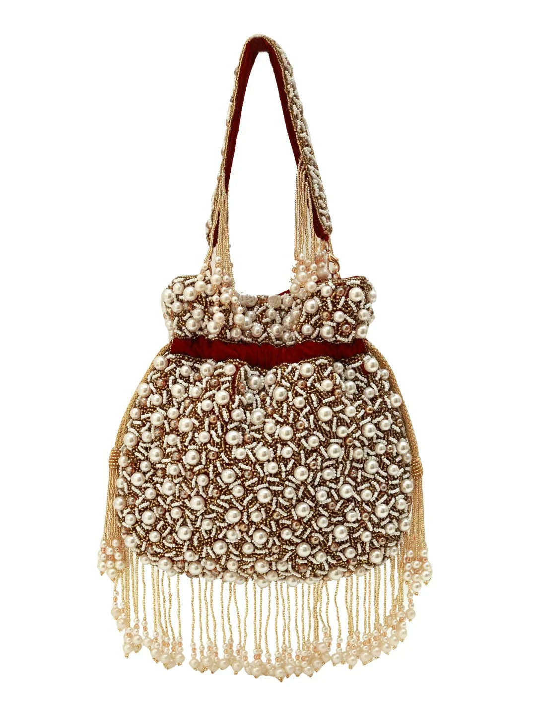 Rimsha Red Pearl Potli Bag with Tassels
