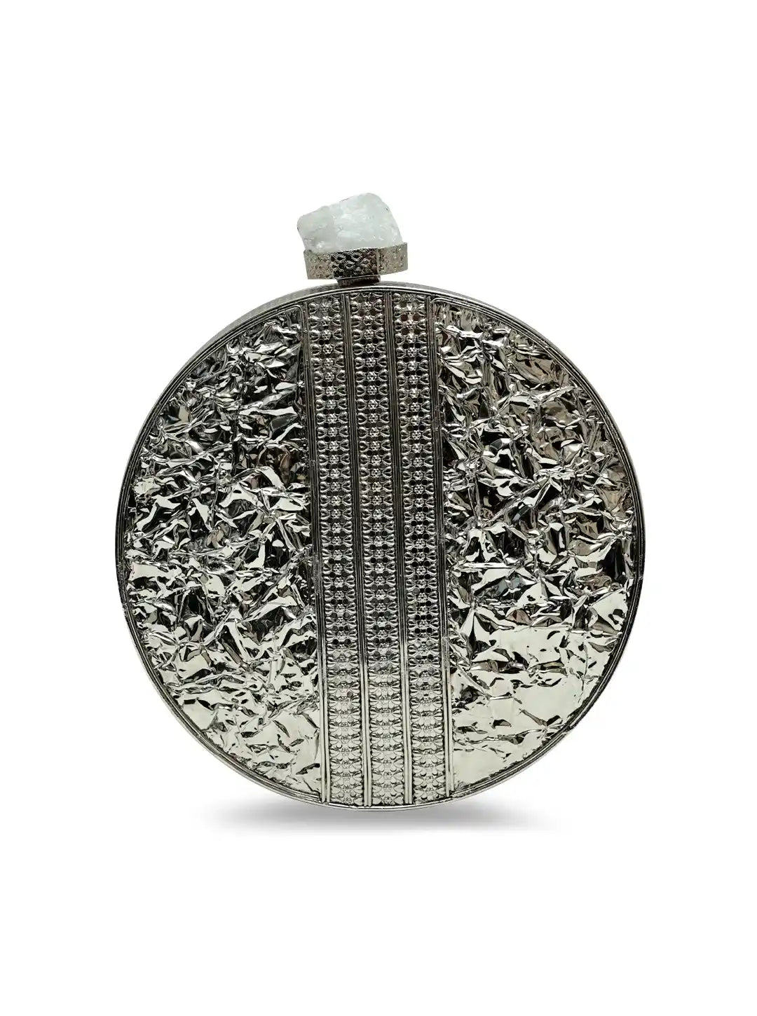 Round metallic pendant with textured surface on a white background