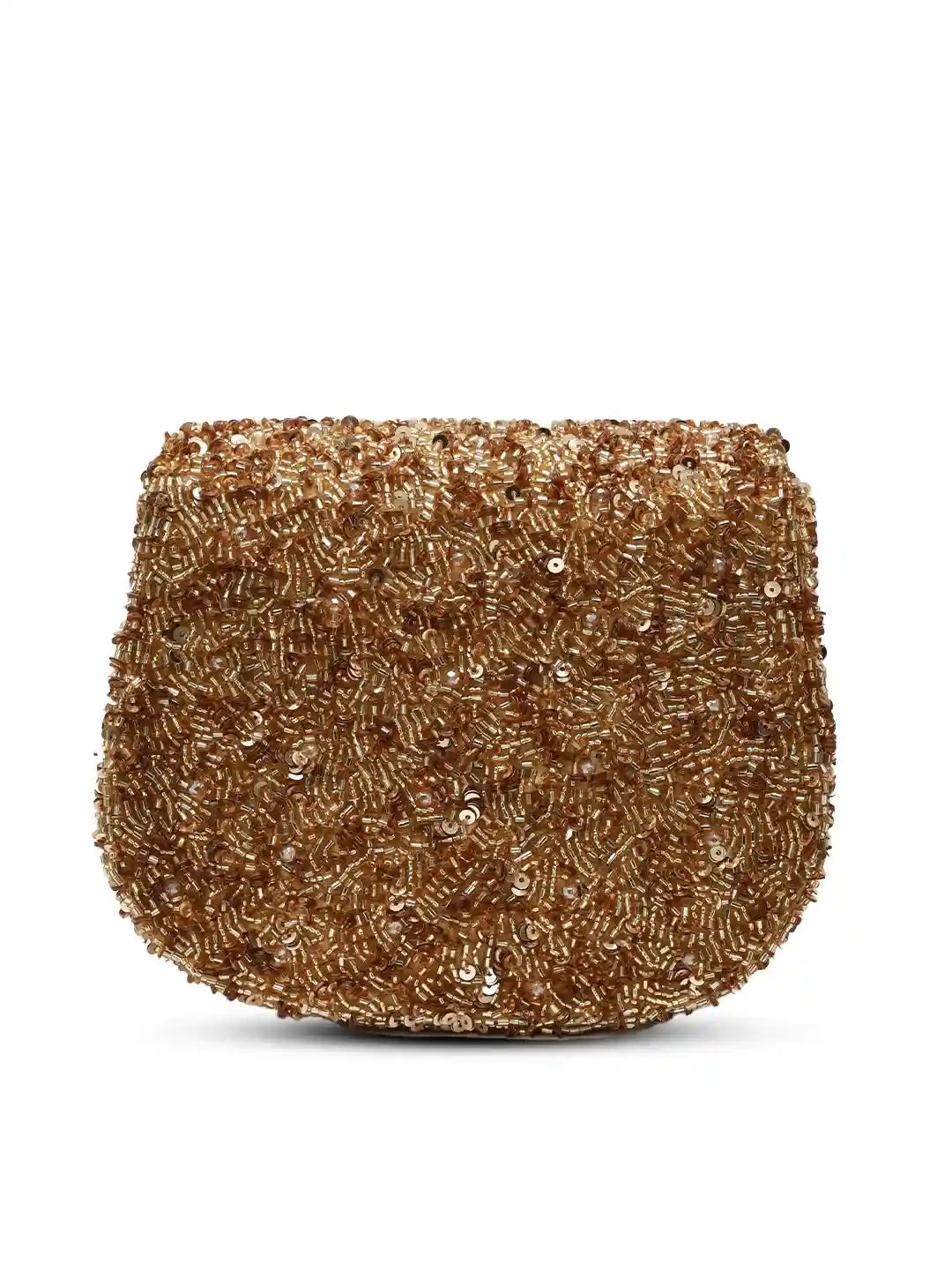 Gold sequin clutch bag on a white background