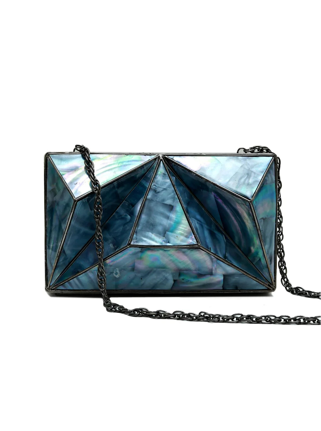 Geometrically designed handbag with a chain strap on a white background