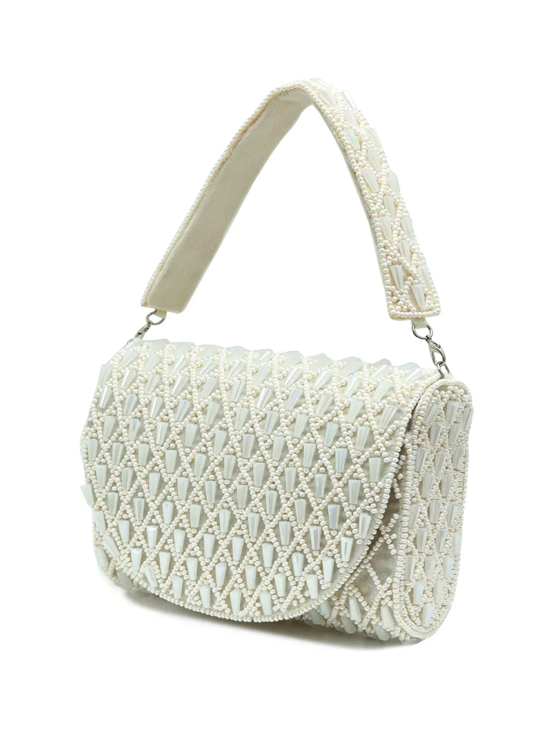 White beaded handbag on a white background