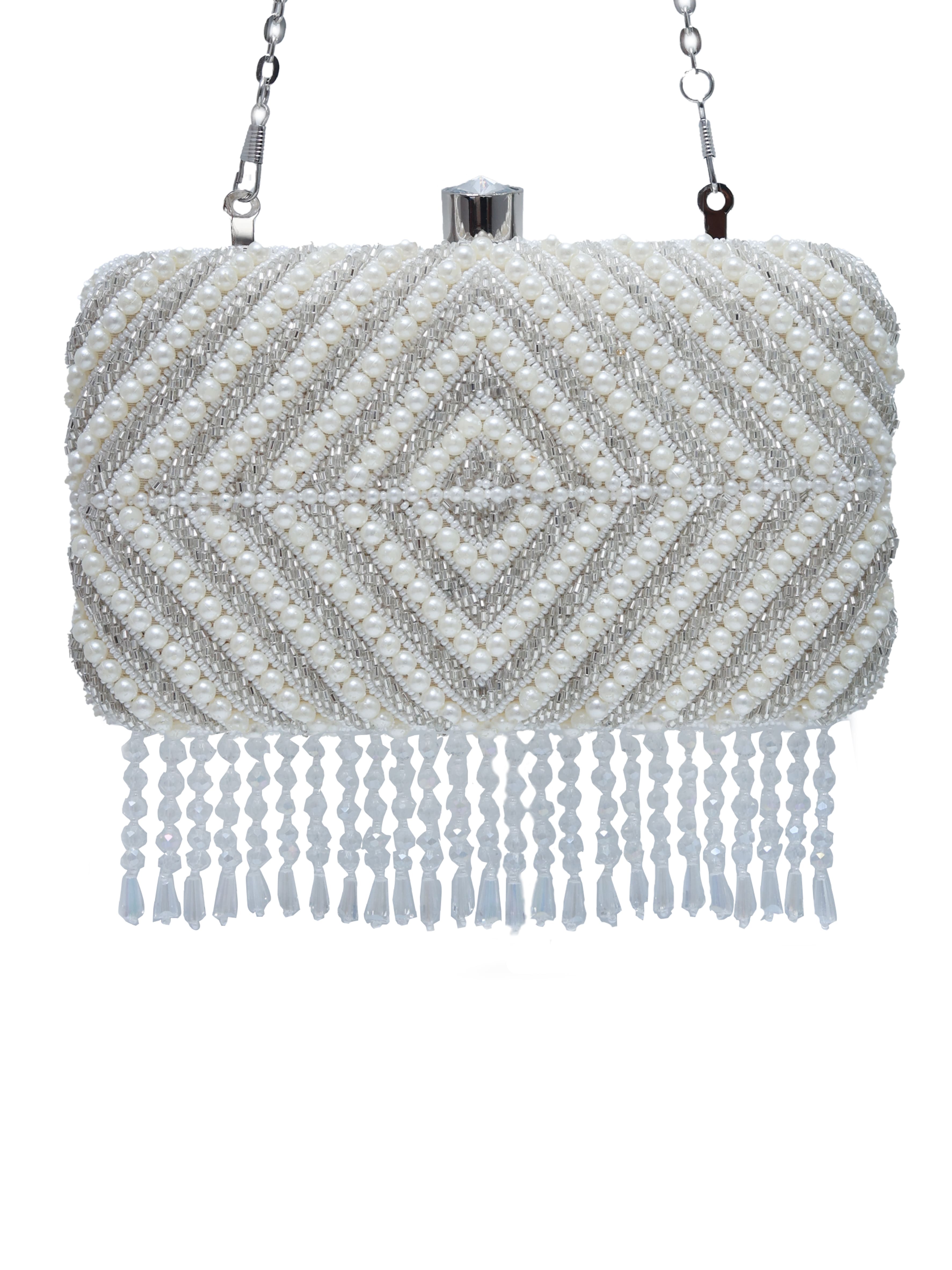 Pearly Silver Hand Embroidered Clutch