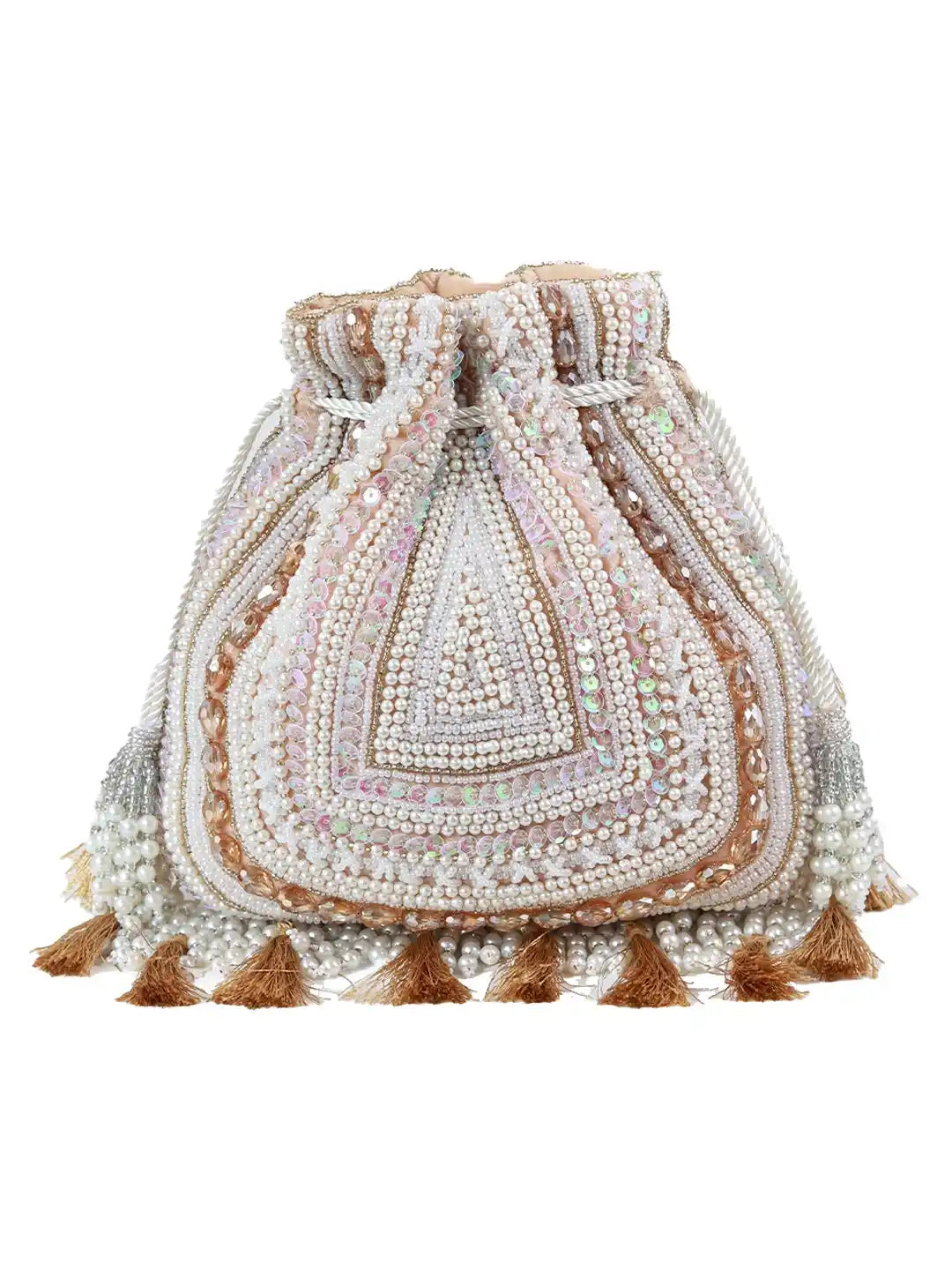 Decorative beaded bag with tassels on a white background