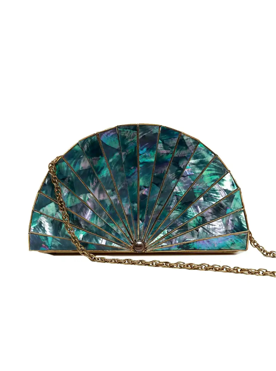 Turquoise mosaic clutch bag with gold chain on a white background