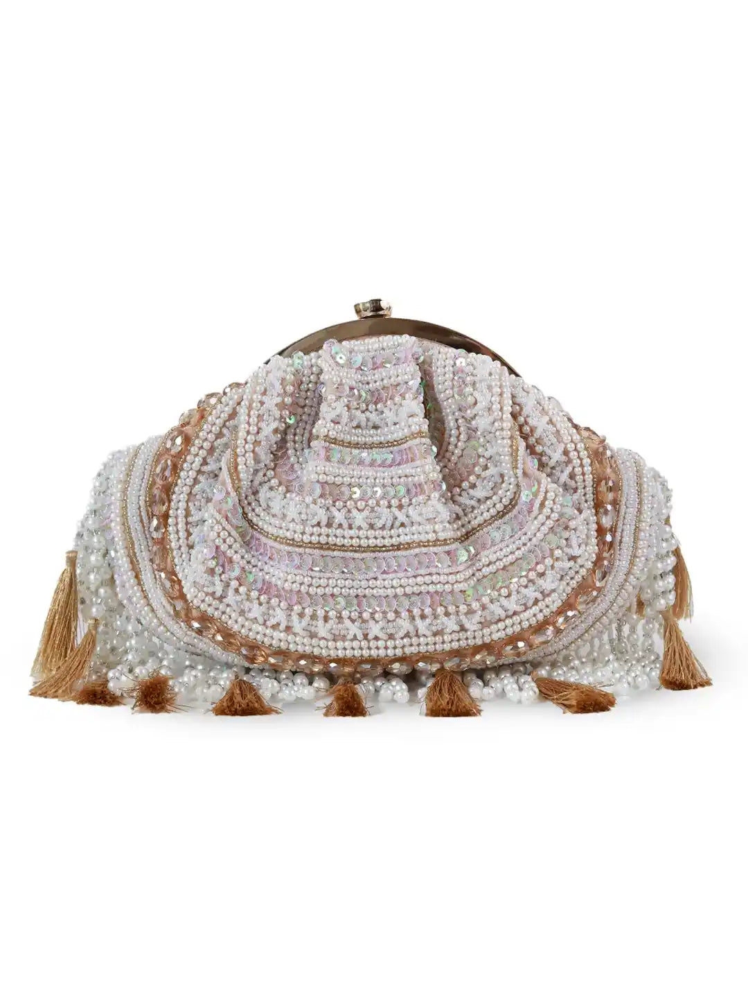 Decorative headpiece with intricate patterns and tassels on a white background