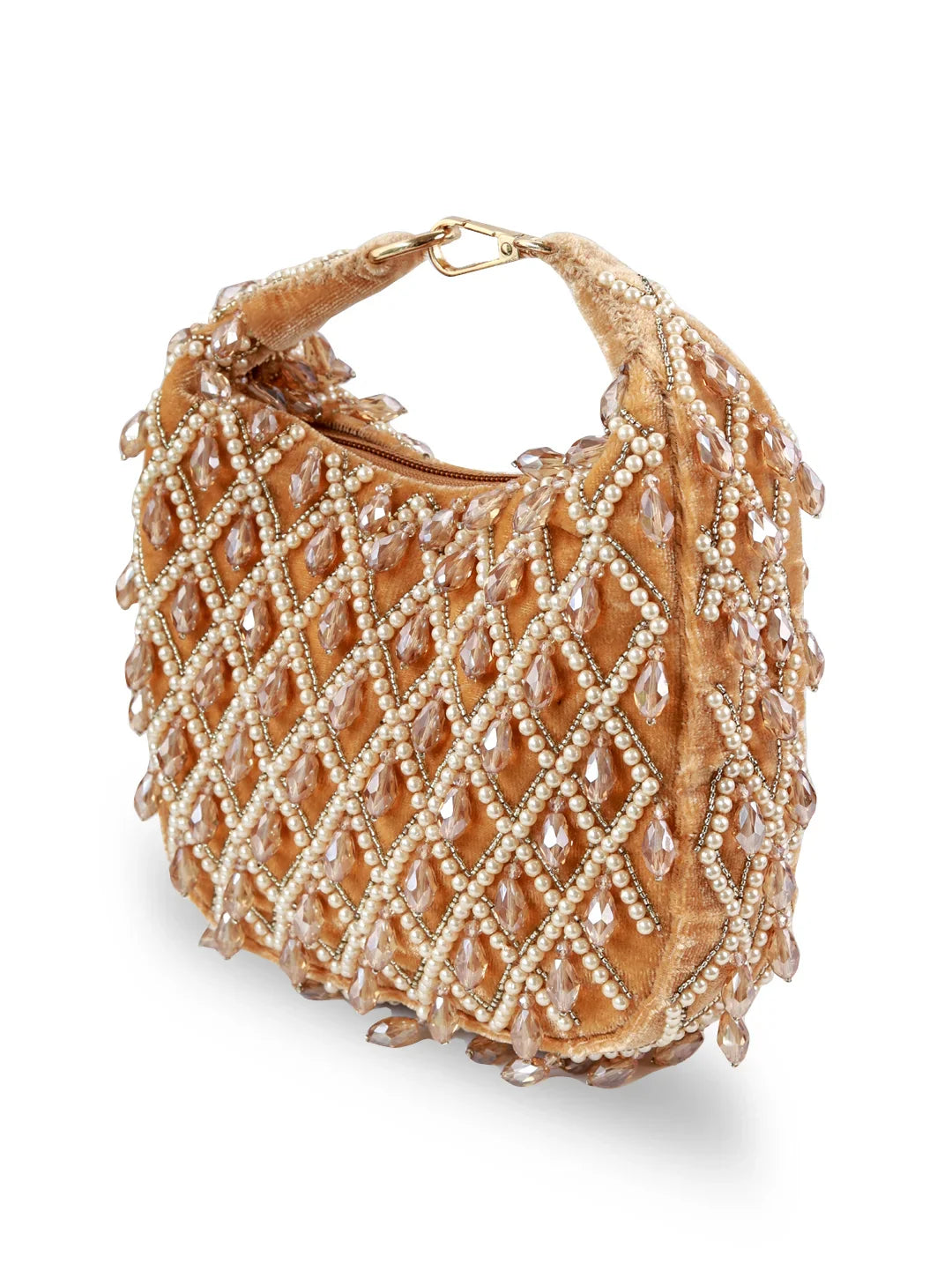 Gold handbag with intricate beadwork on a white background