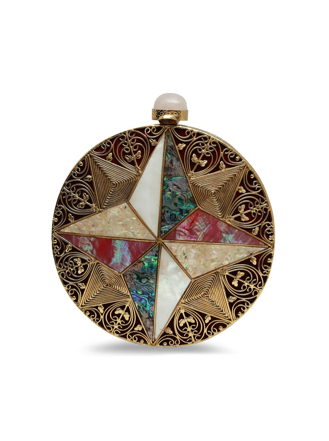 Decorative round object with gold patterns and multicolored center on a white background