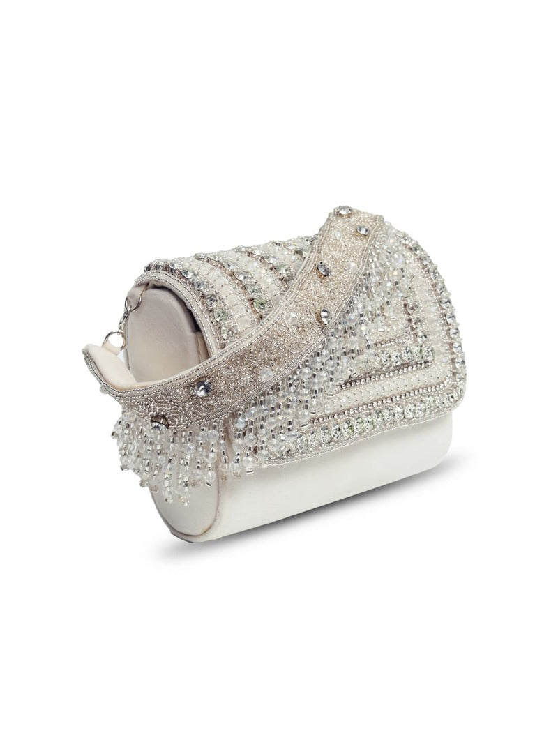 Nysa White Embellished Flap over Clutch Bag