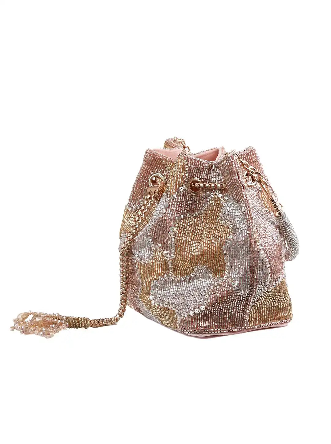 Beaded handbag with gold chain on a white background
