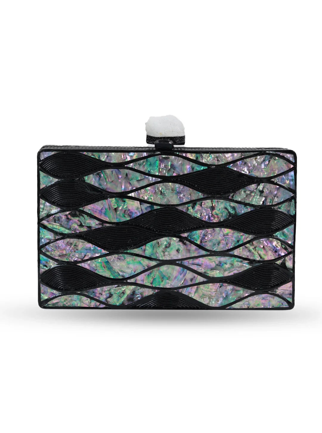 Decorative clutch with wavy pattern and black accents on a white background