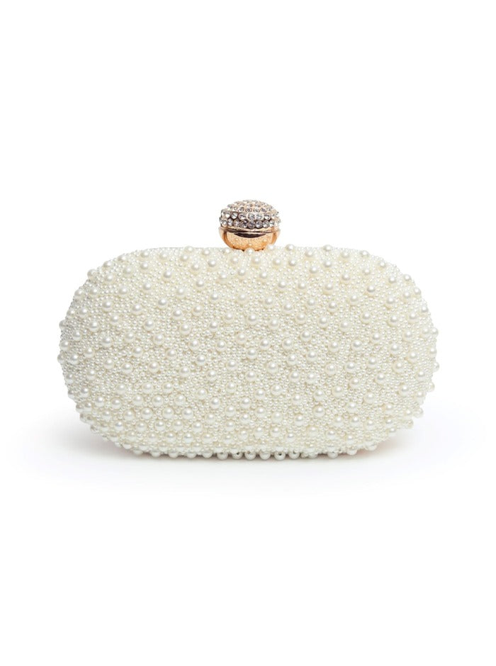 Asad All White Pearl Hand Embroidered Clutch