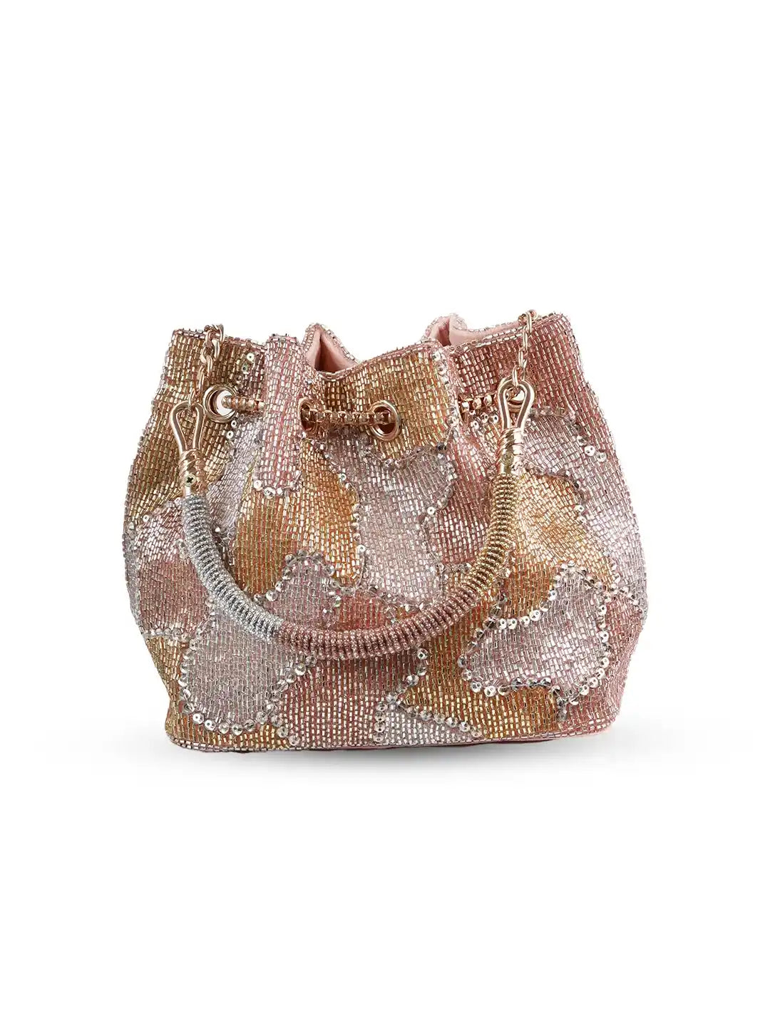 Beaded handbag with floral pattern on a white background