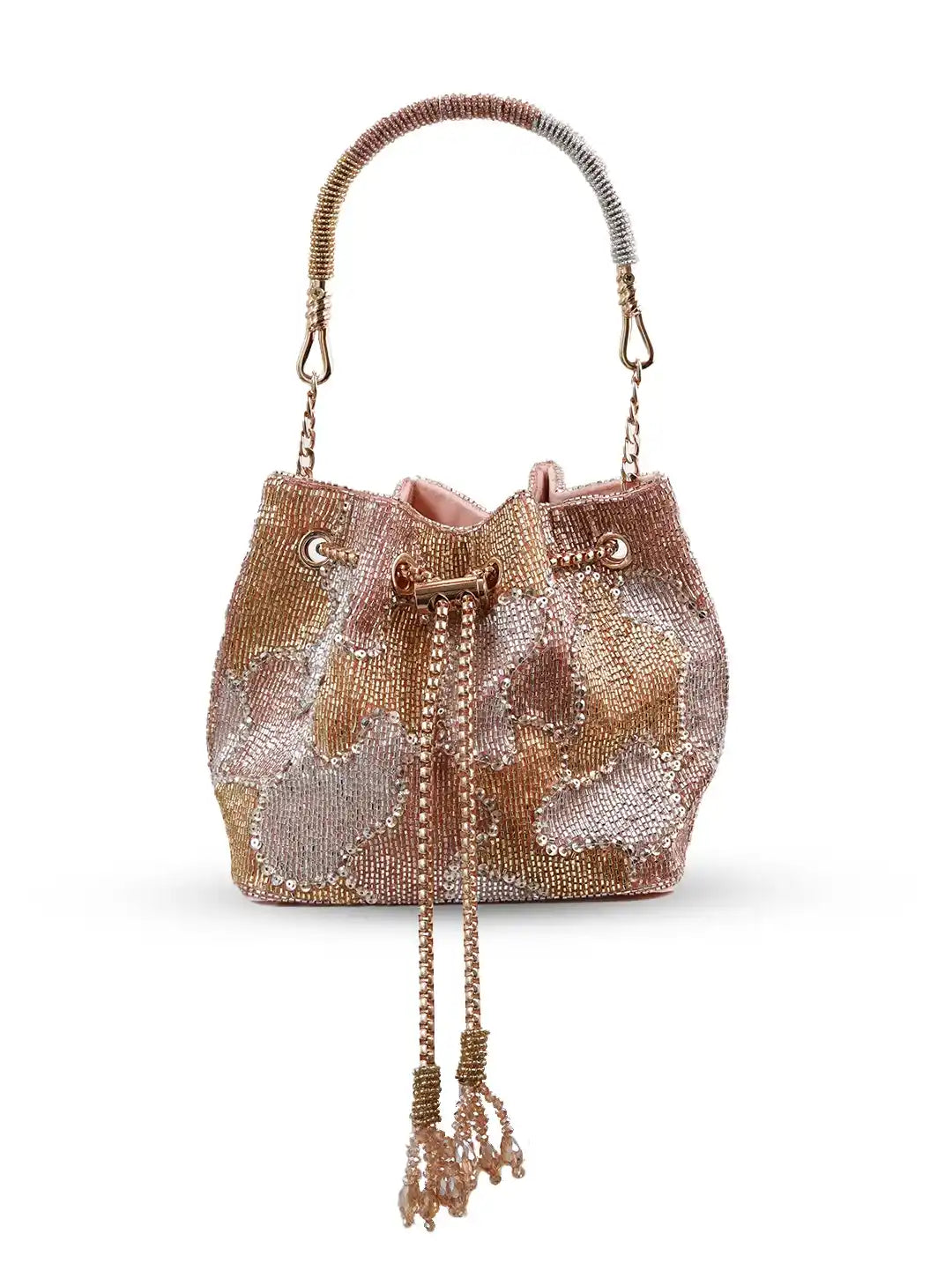 Metallic handbag with chain handle and drawstring on a white background
