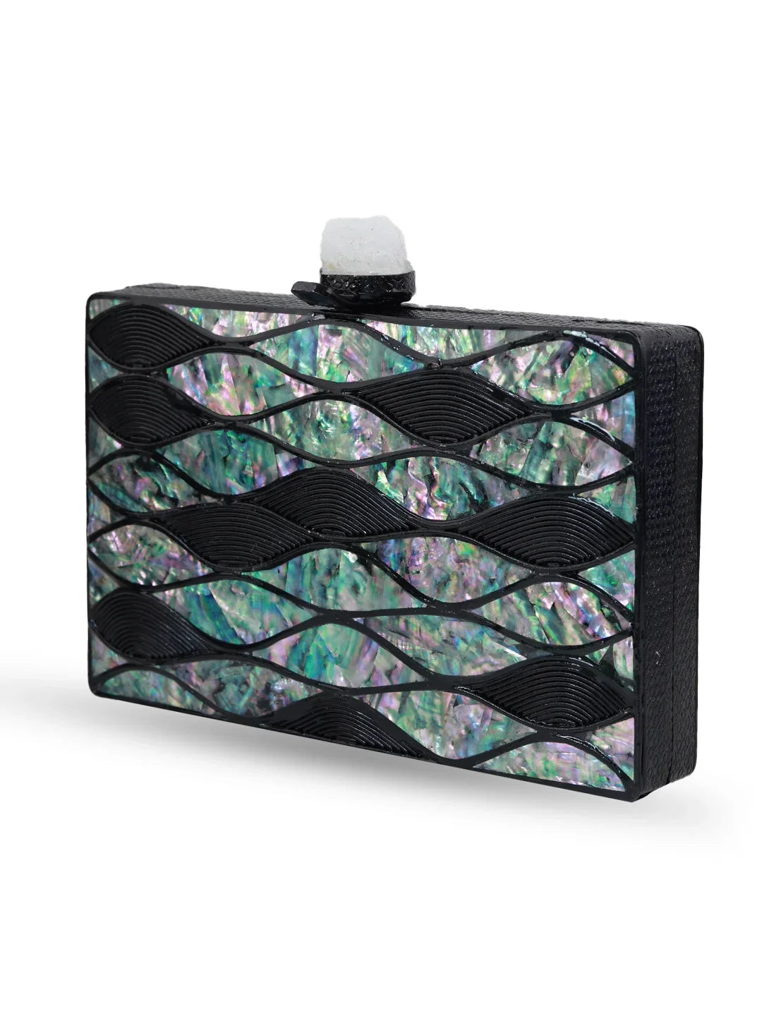 Clutch bag with black wavy design and multicolored shell pattern on a white background