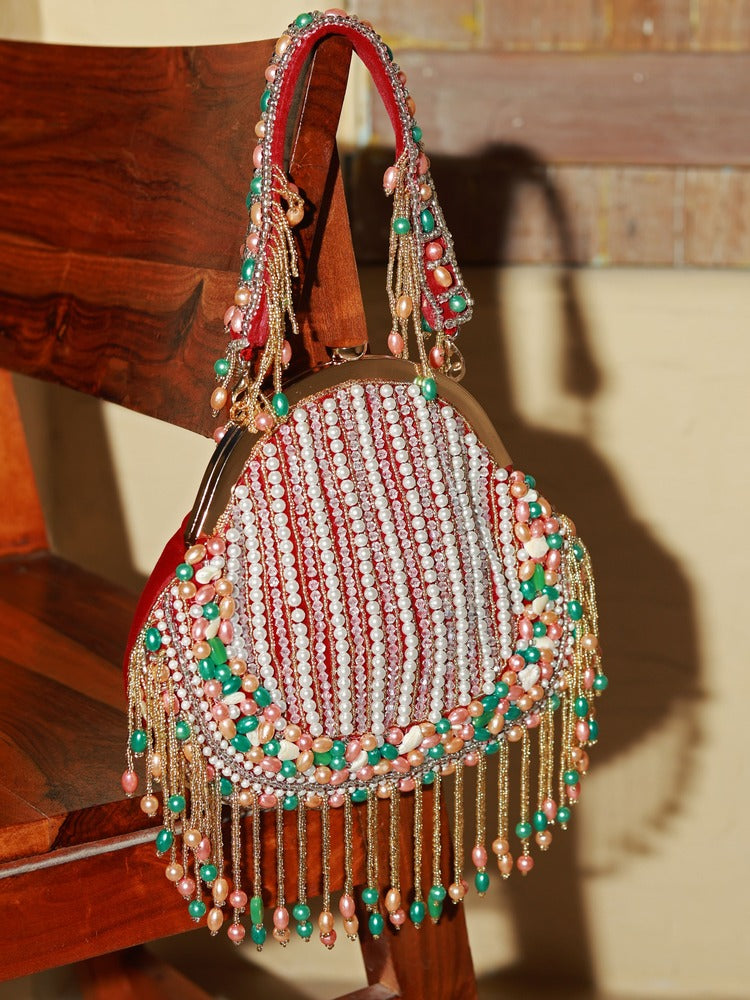 Sona Pearl Tasselled Batua with Detachable Handle