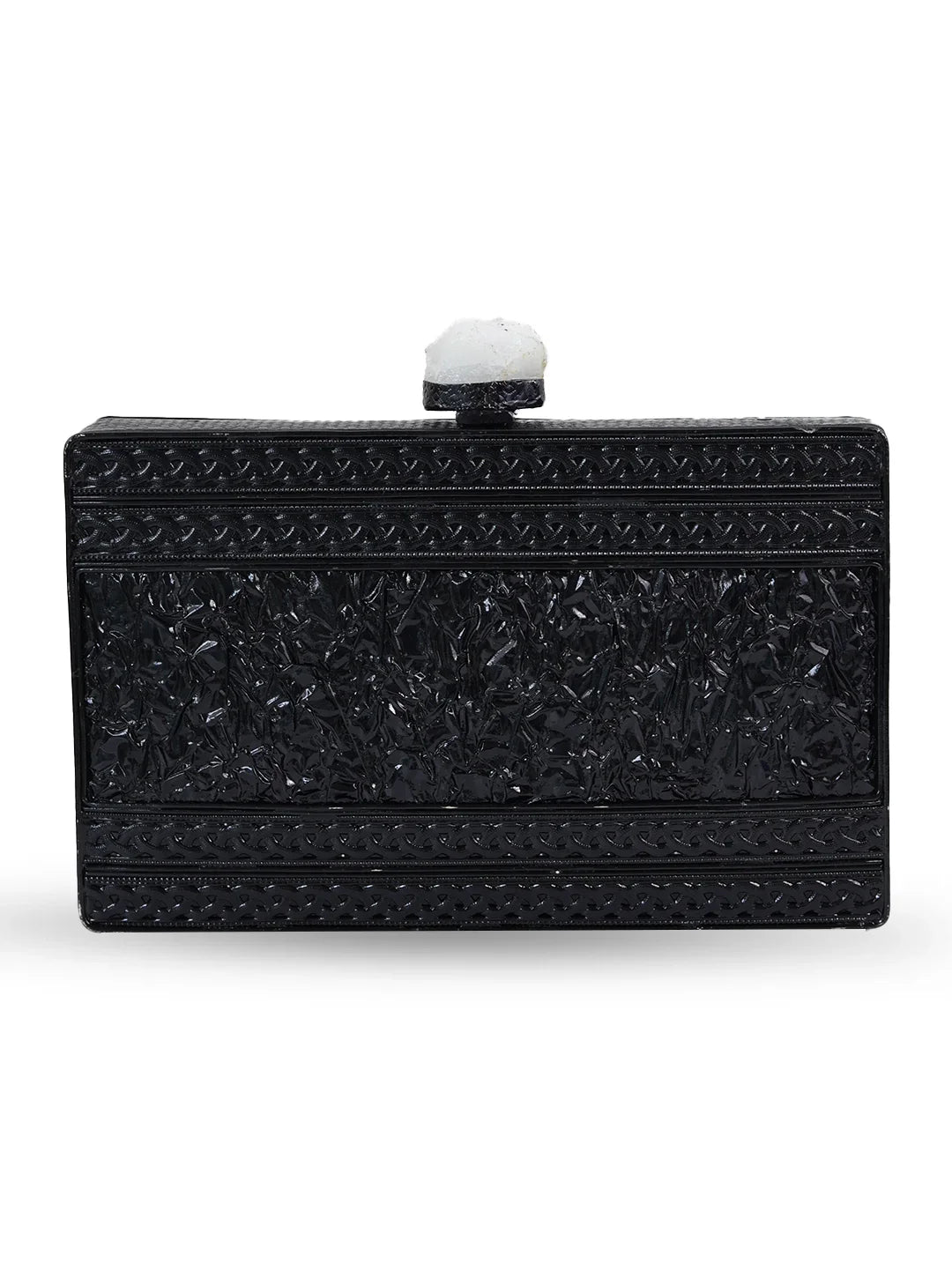Black textured clutch bag on a white background
