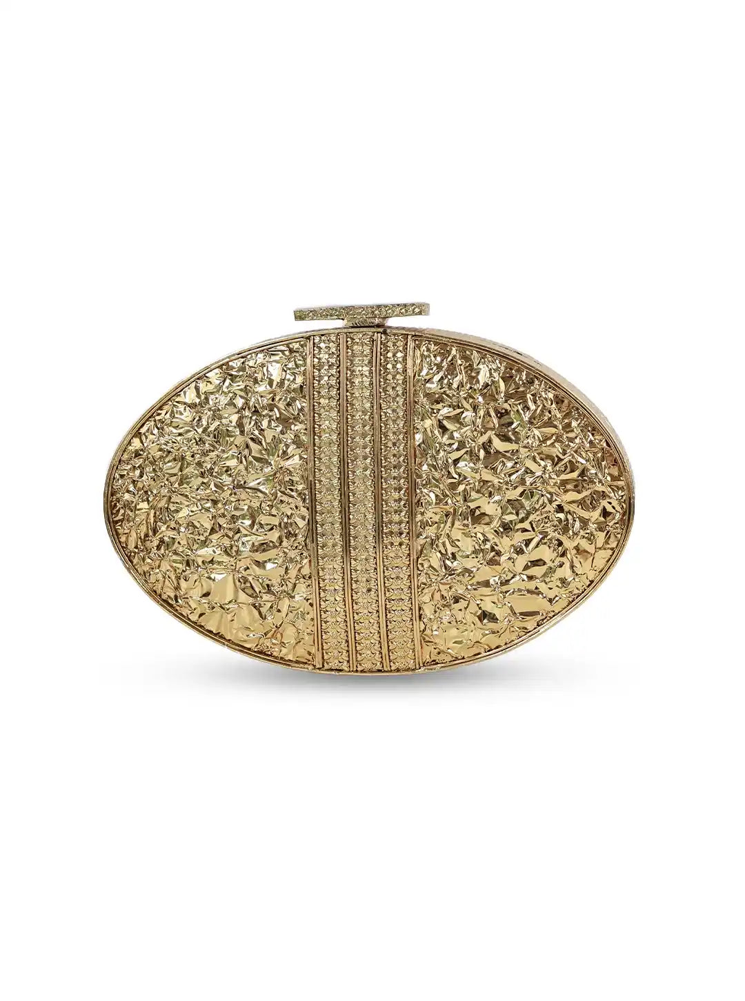 Gold clutch with intricate design on a white background