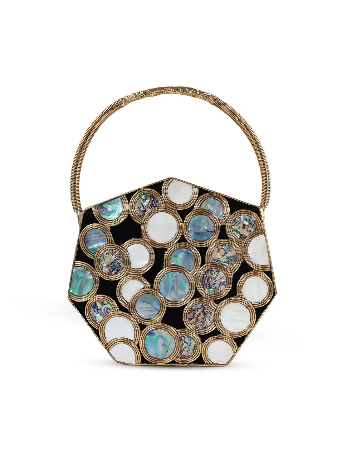 Hexagonal handbag with circular patterns on a white background