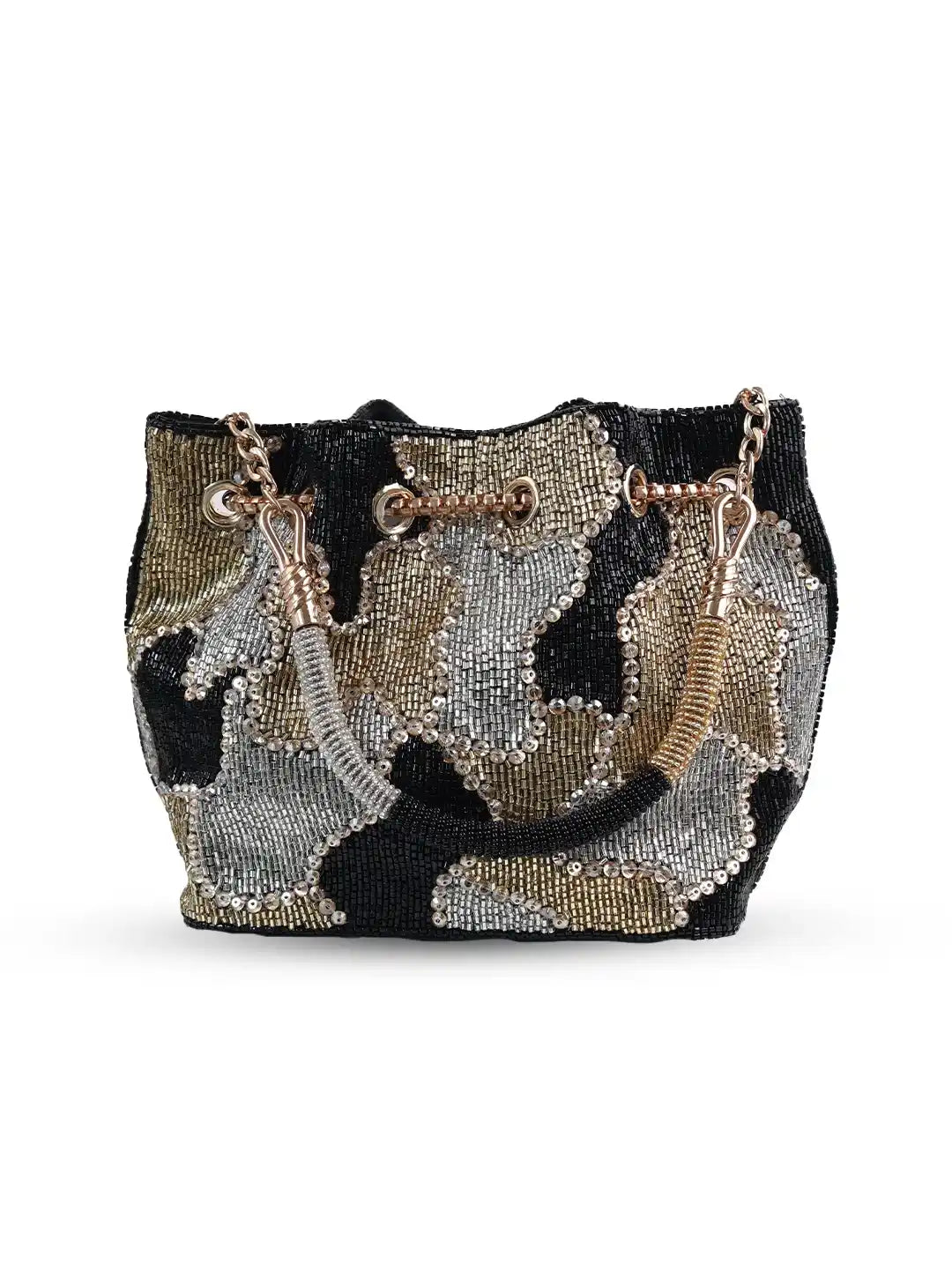 Camouflage-patterned handbag with beaded details on a white background
