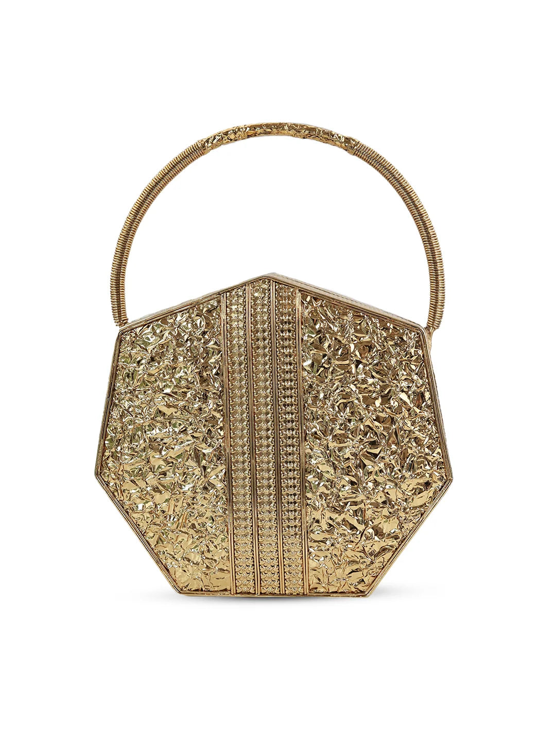 Gold hexagonal handbag with intricate design on a white background