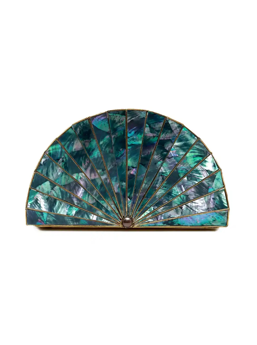 Decorative fan-shaped object with a pattern of green and blue stones on a white background