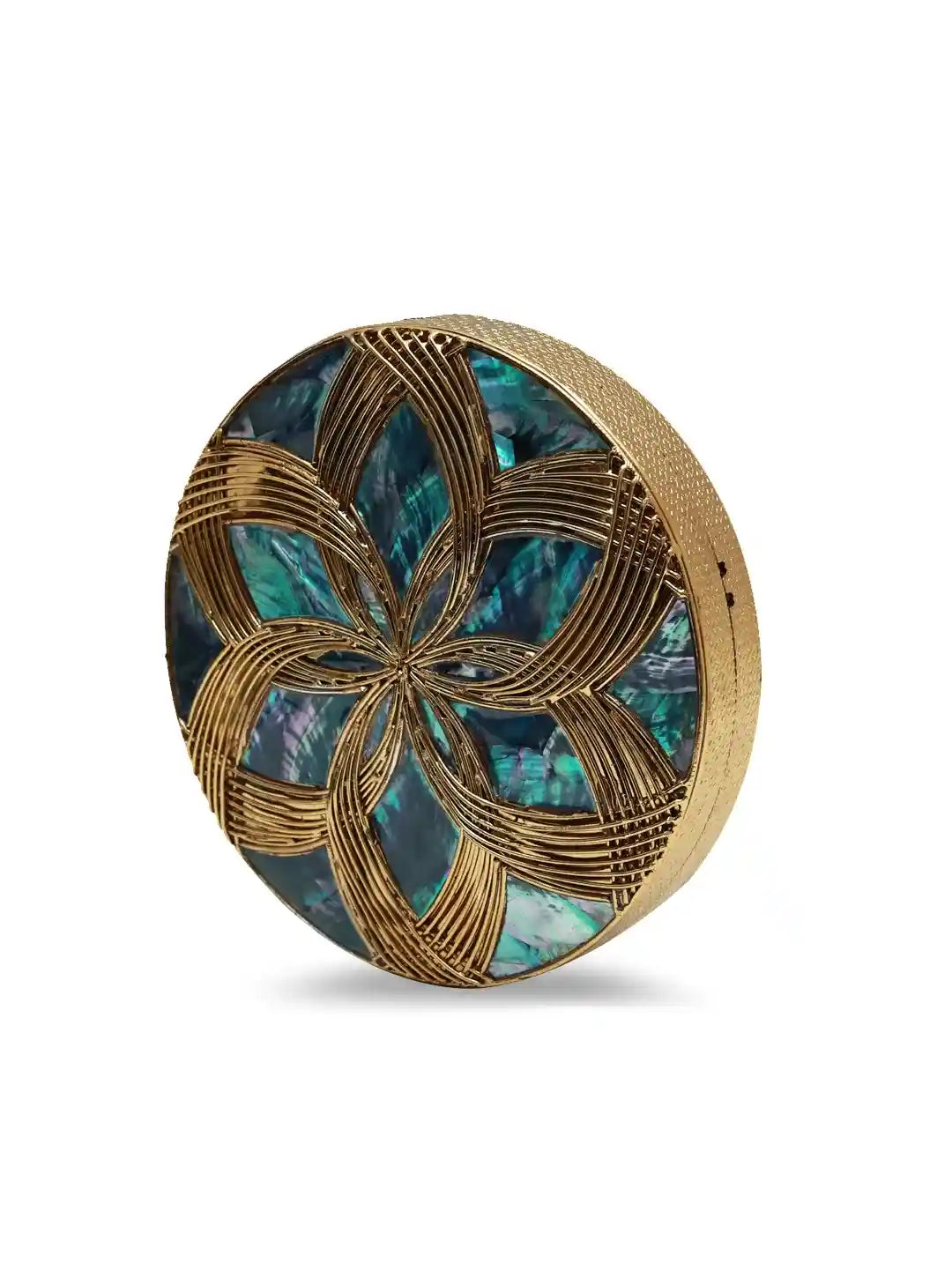 Decorative object with gold and blue design on a white background