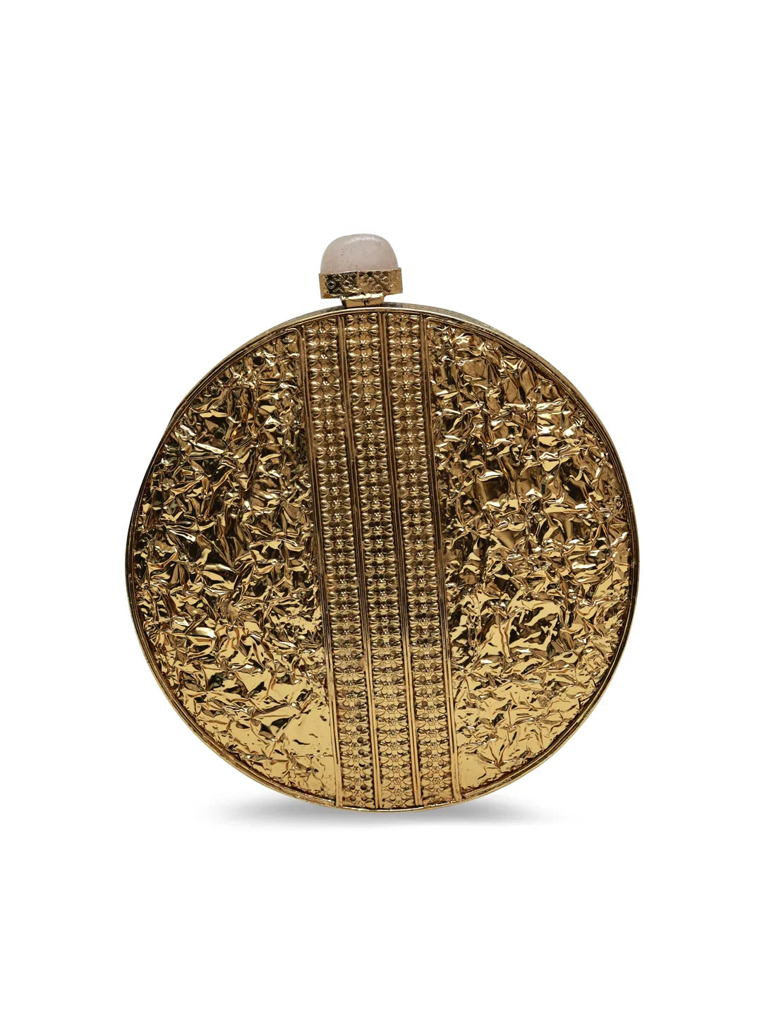 Gold round clutch bag with textured surface on a white background