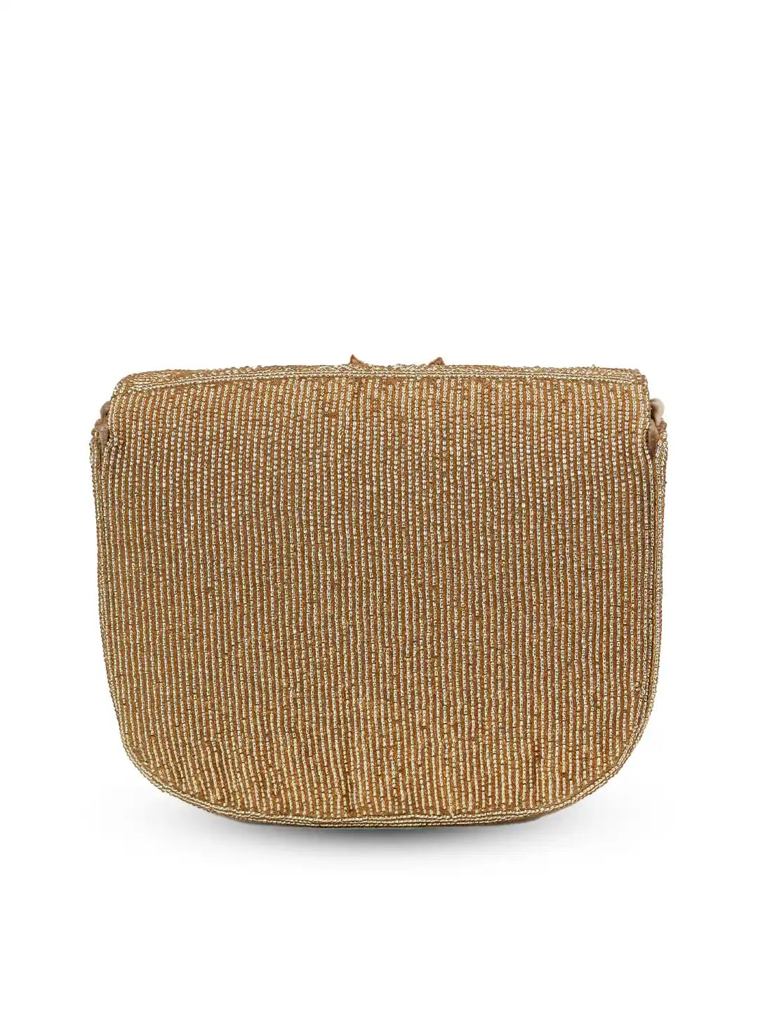 Beige woven clutch bag on a white background