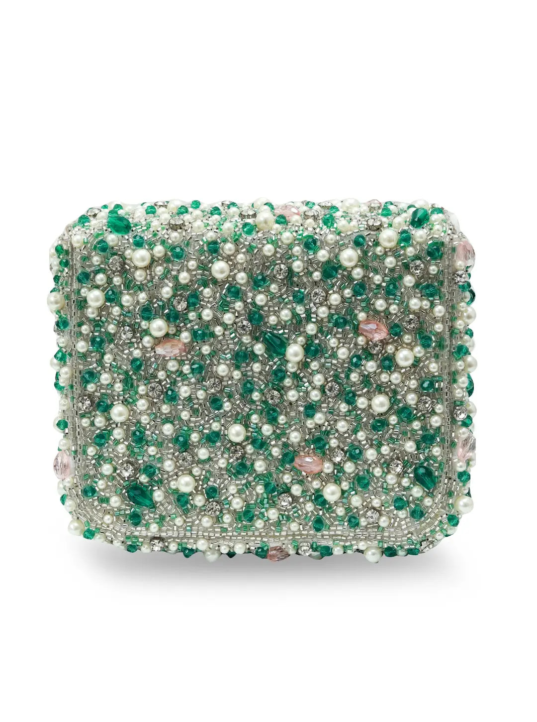 Decorative clutch bag with green and white beads on a white background