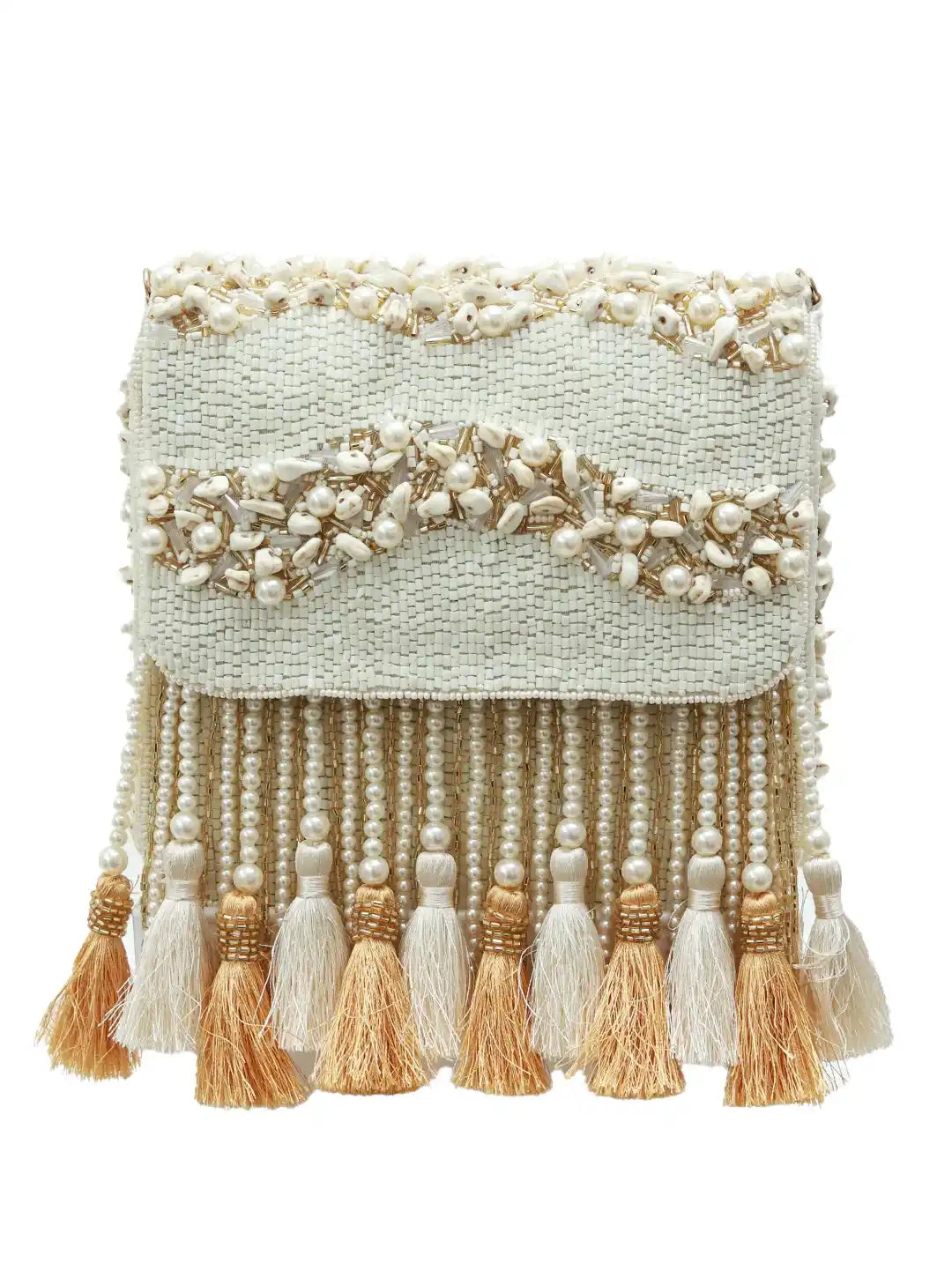 Decorative clutch with beaded embellishments and tassels on a white background