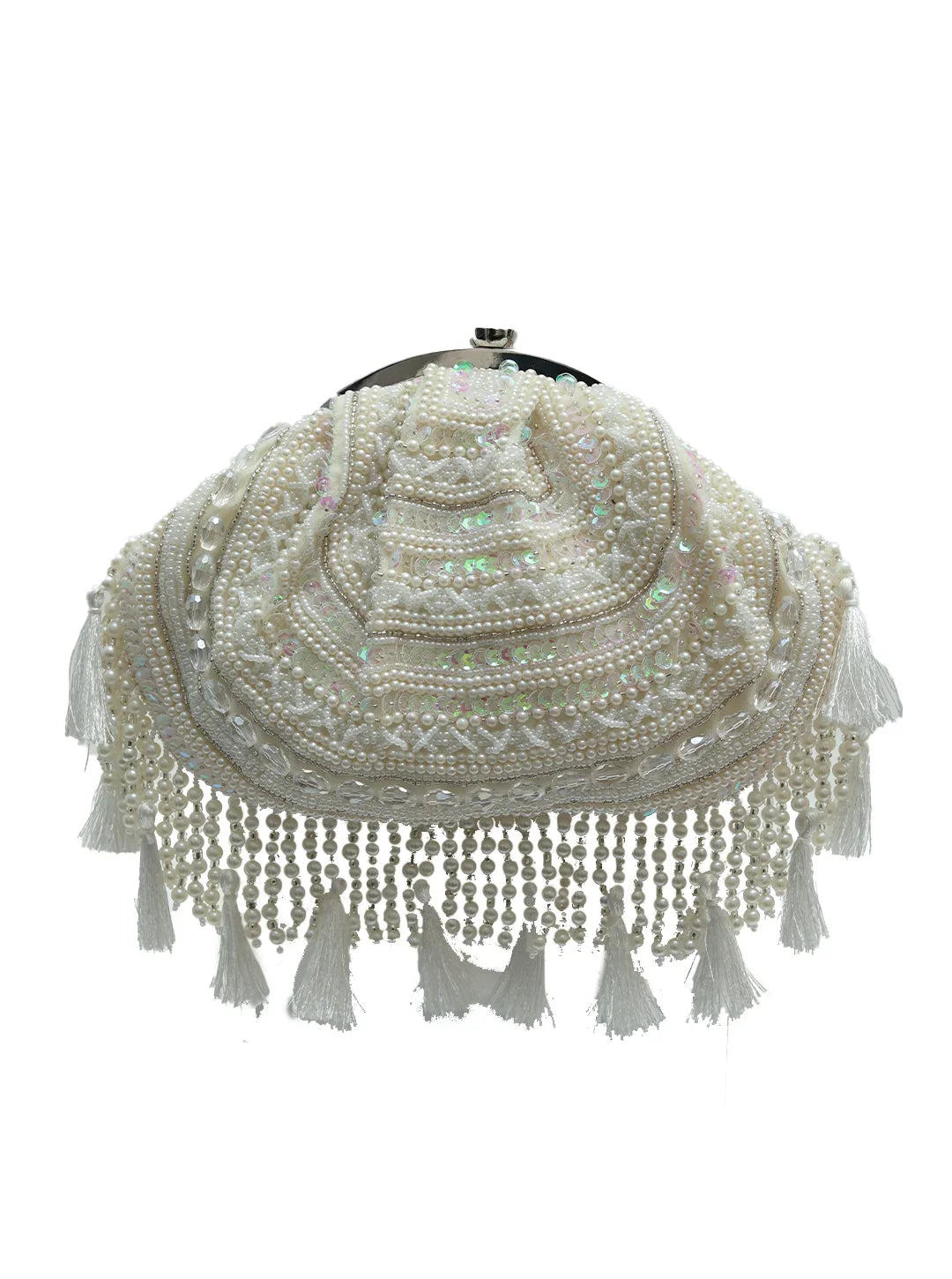 Decorative headpiece with pearls and beads on a white background