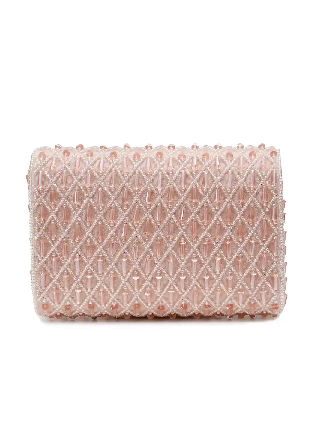 Pink clutch bag with lattice design on a white background