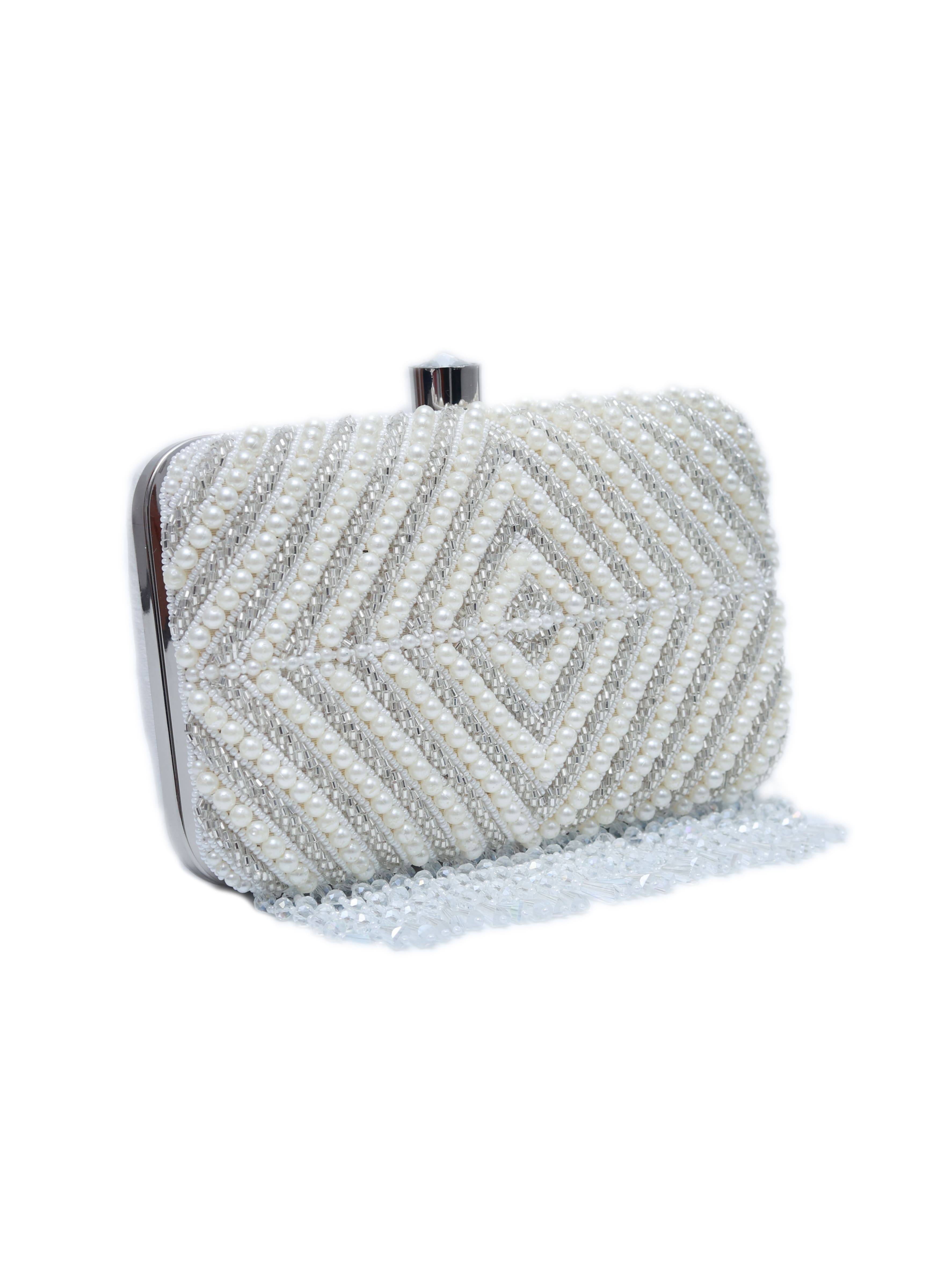 Pearly Silver Hand Embroidered Clutch