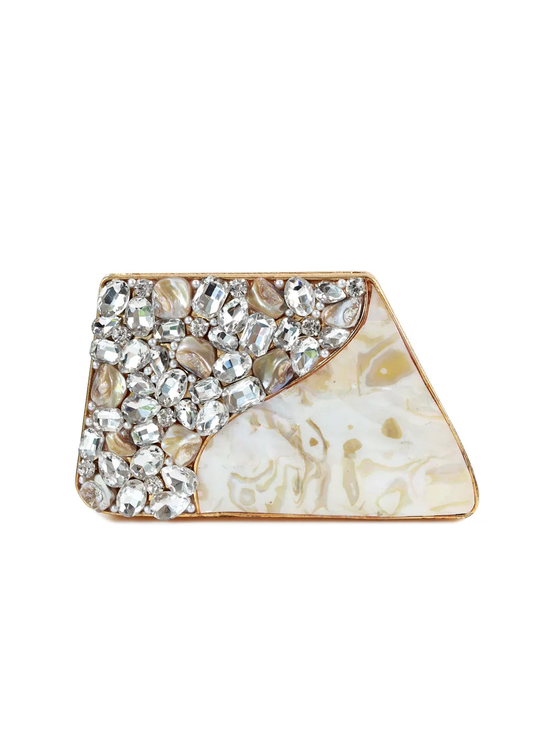 Triangular brooch with gemstone and marbled design on a white background