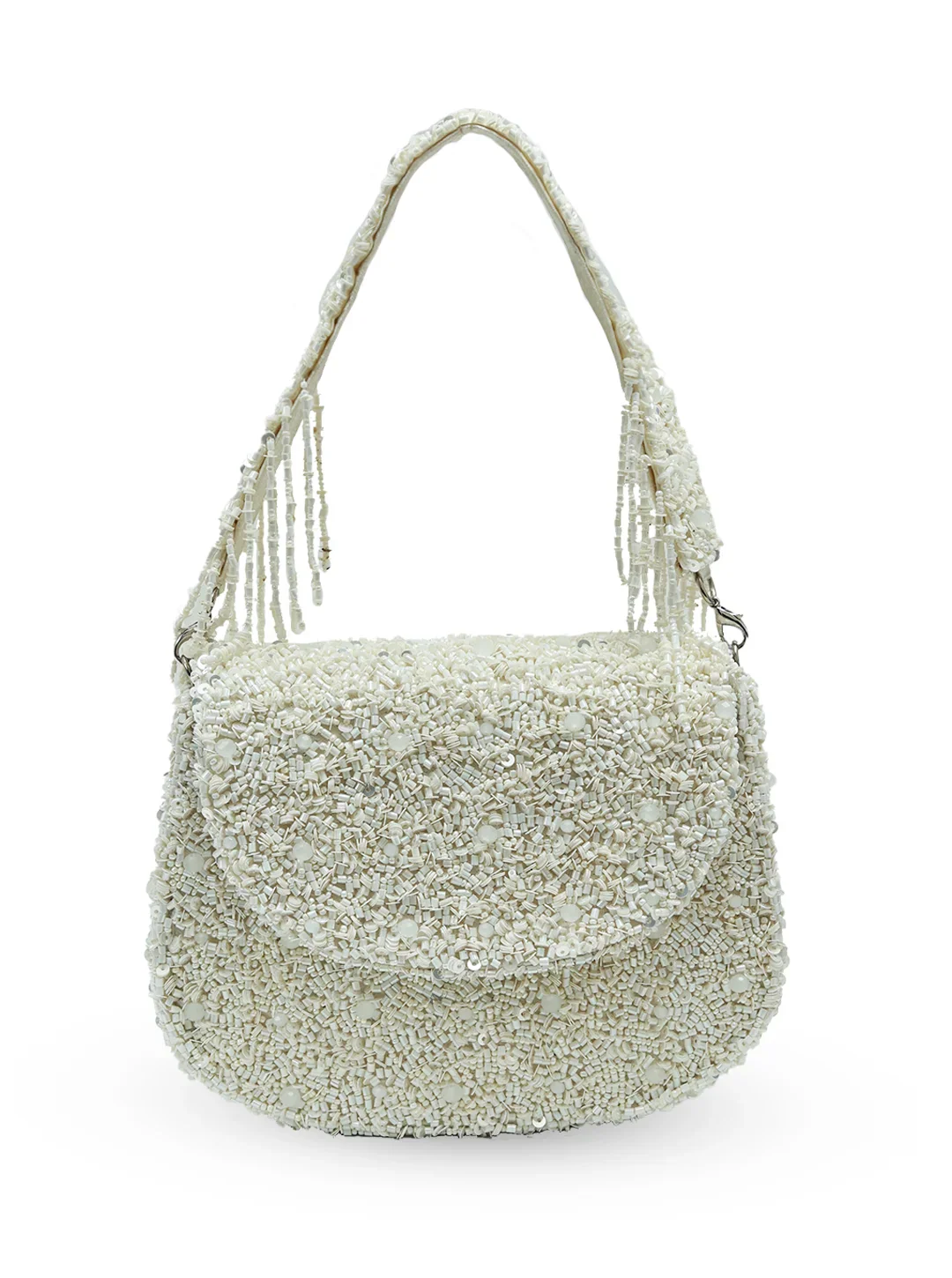 Green textured handbag with beaded handle on a white background